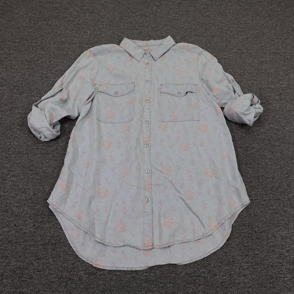 Overland Shirt Womens Small Blue Floral Button Up Long Sleeve Tencel Tunic Top‎